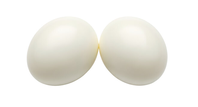 Two hard boiled eggs isolated on white background, pair of peeled chicken eggs, smooth white protein food for healthy breakfast and diet
