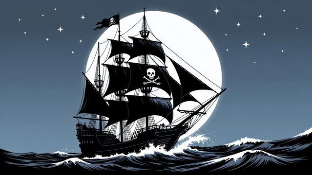Pirate ship with black sails sailing beneath full moon at sea