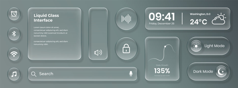 Liquid glass smartphone interface isolated. UI UX light frame rounded square and circle elements with a glow stroke. Collection design widget for smartphone and web app.