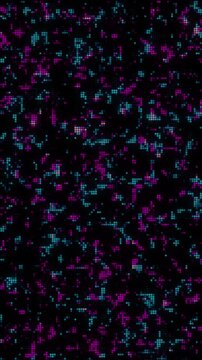 Abstract vertical background featuring field of small blue pink dots arranged in a dynamic, wavy pattern. This digital visualization evokes concepts of data flow, interconnected networks, and technolo