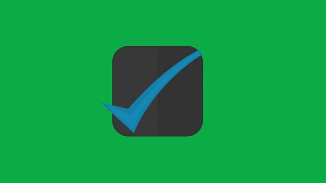 Animated blue checkmark appears inside a dark grey rounded square with a smooth scale effect green screen background 