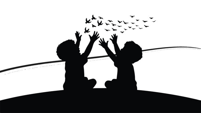 silhouette of two children sitting on hill watching birds fly away