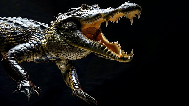 Alligator opens its powerful jaws to reveal sharp teeth while set against a pitch black background.
