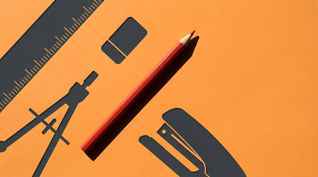 Close up of red pencil on orange background with silhouettes of ruler compass and stapler