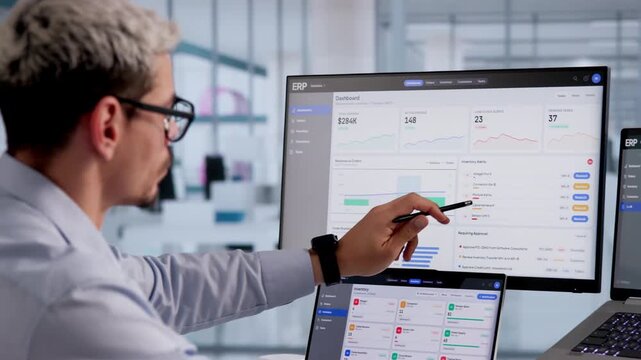 ERP Specialist Reviews Integrated Cloud Software On Laptop