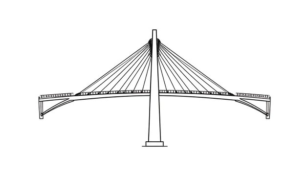 A black and white line drawing of a large cable-stayed bridge against a white background. It has a central pylon