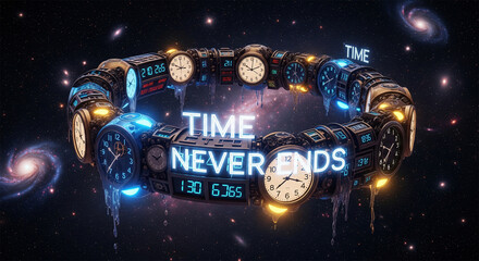 Fototapeta premium Cosmic clock ring with neon 'TIME NEVER ENDS' message against a starry galaxy background.