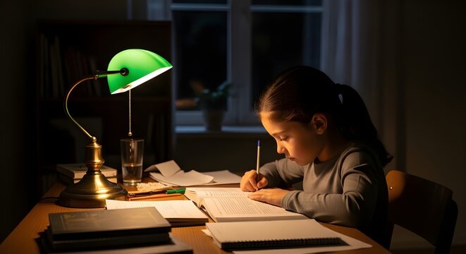 child studying at night with lamp, focus concept