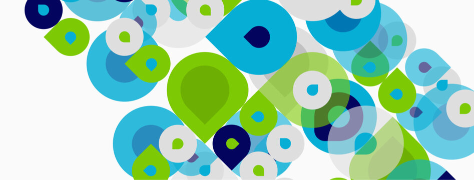 Abstract circles overlap, creating vibrant blue, green hues. Composition feels modern, clean, dynamic. Simple shapes suggest growth, connection.