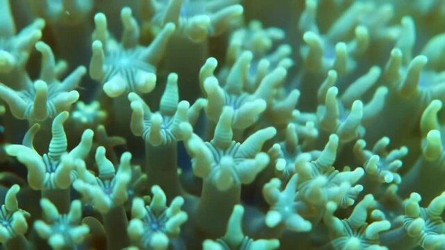 Close-up of vibrant green coral polyps with delicate tentacles