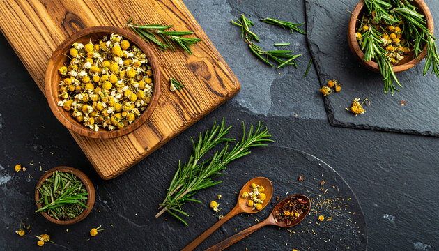 Herbalist%E2%80%99s Desk- Flat-lay of dried chamomile and rosemary