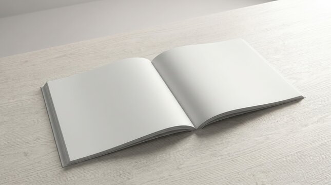 Open book with blank white pages on table