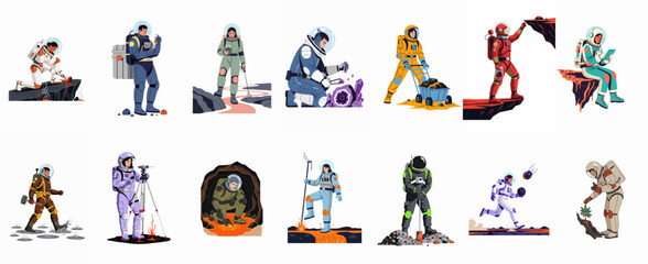 Set of diverse astronauts in colorful space suits exploring, mining, and conducting research on an extraterrestrial planet surface. © Telu