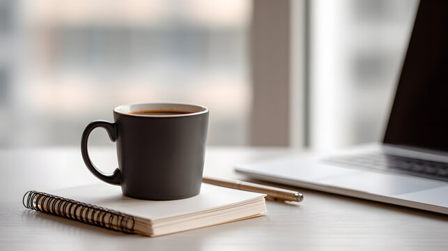 Coffee mug notebook workspace laptop office morning desk window work caffeine cup beverage hot drink steam break journal writing pen modern minimal clean professional corporate business technology