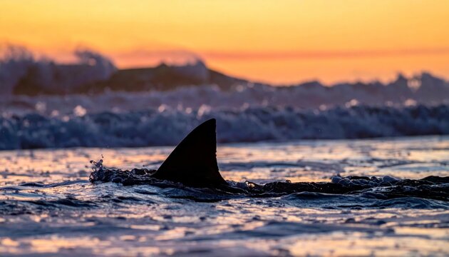 Dramatic shark fin silhouette cutting through ocean waves at sunset, invoking intense anticipation and primal fear.