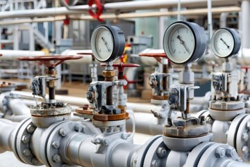 Fototapeta premium Industrial pipes and valves with pressure gauges