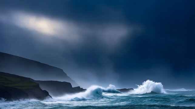 Storm waves crashing on Irish Dingle Peninsula cliffs