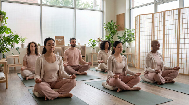 Diverse adults practice seated meditation in calm wellness studio group mindfulness session for stress relief emotional balance mental wellbeing holistic self care community support