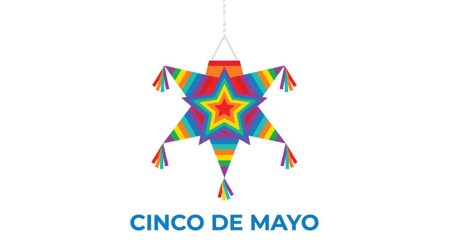 Colorful star shaped pi ata hanging with cinco de mayo text below