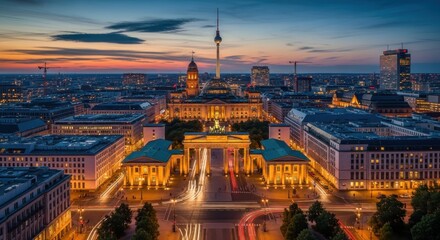 Naklejka premium Berlin Cityscape at Dusk - Illuminated Buildings and Skyline.
