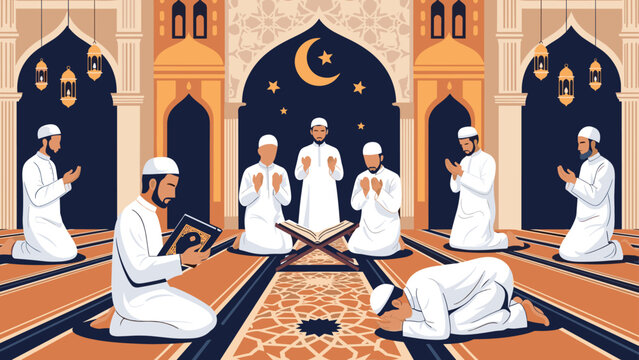 Group of muslim men performs traditional prayers and reads the holy quran inside a grand mosque with beautiful arches and hanging lanterns.