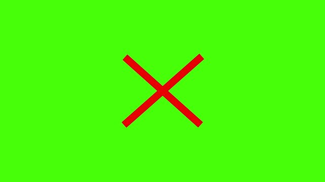 Animated red cross mark symbol appearing on a bright chroma key green screen background, for easy editing, overlay, motion and, digital interface for projects