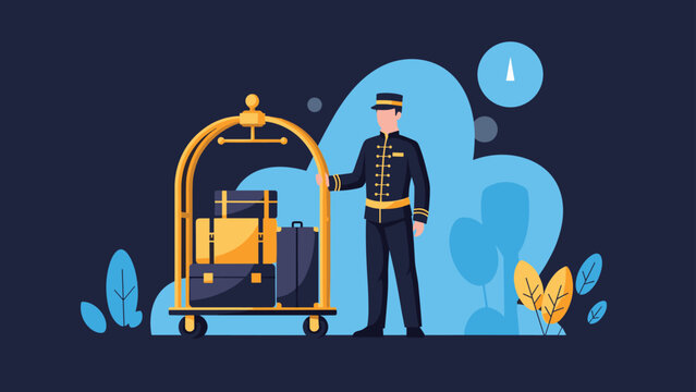 Professional hotel bellhop in a dark uniform stands next to a golden luggage cart loaded with several suitcases in a modern lobby.