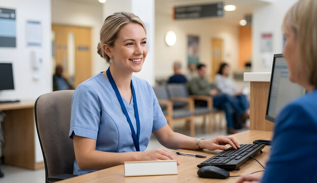 Woman in uniform typing at reception desk, representing efficient service and patient care in a clinic setting.