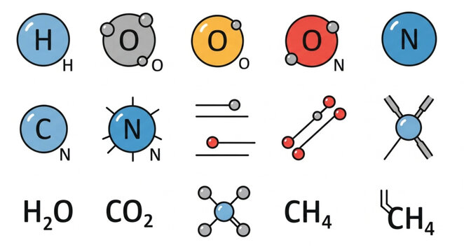 Collection of chemical element symbols and molecular structures.