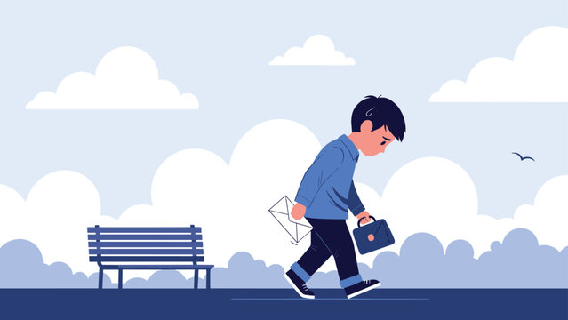Sad boy walks away from a park bench carrying a small briefcase and holding an envelope with a disappointed expression on his face.