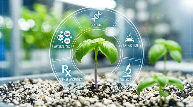 biotechnology, agriculture, genetics, pharmaceutical, laboratory, science, plant research and innovative agritech sprout growth with digital analysis and extraction interface icons.