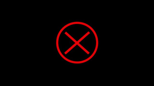 Minimalist red circular featuring a dynamic x mark animation on a solid black background, for digital interface, user experience feedback, error notification, and, modern ui