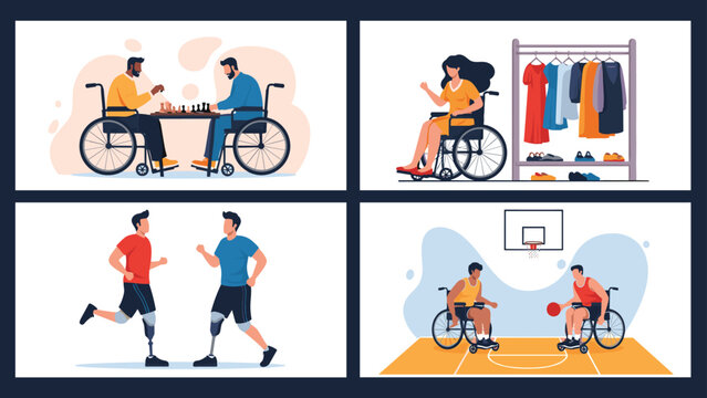 People with physical disabilities participate in various activities like playing chess, shopping, running, and playing basketball.