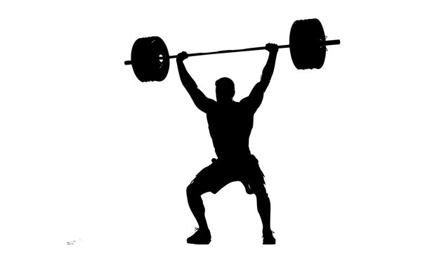 Silhouette of a powerful weightlifter successfully completing an overhead press demonstrating strength and athletic prowess in a dynamic pose