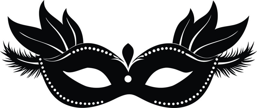 Masquerade carnival mask with feathers and pearls vector illustration black silhouette isolated on transparent background.
