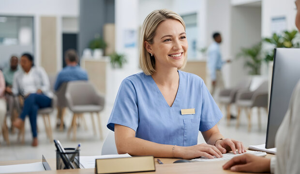 A friendly hospital receptionist assisting patients at a modern registration desk with a warm and professional expression.