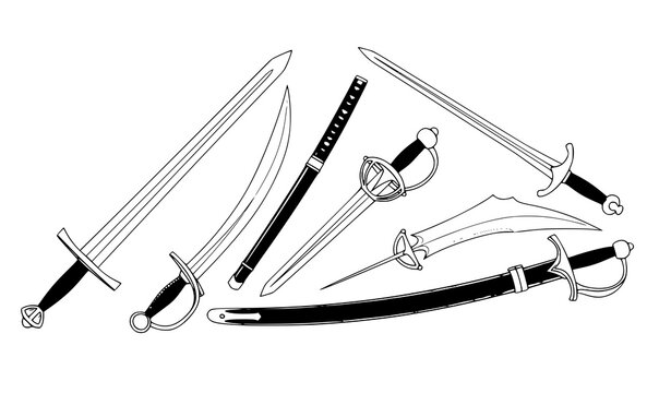 An artistic black and white line drawing depicting a collection of historical swords and curved blades on a white background
