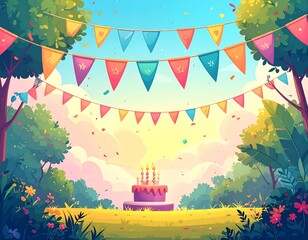 Obraz premium Colorful Outdoor Birthday Party Background with Cake, Bunting Flags, and Festive Park Celebration