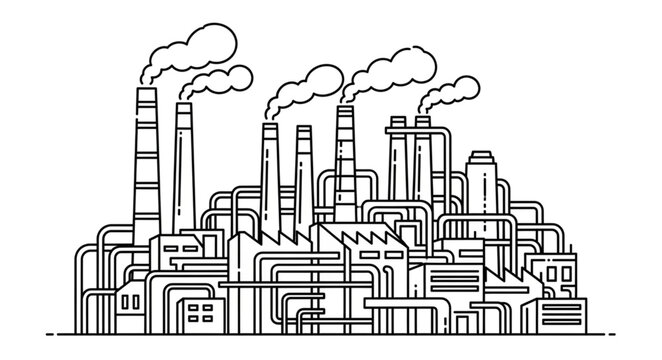 Industrial Factory with Smoke Stacks and Pipes.
