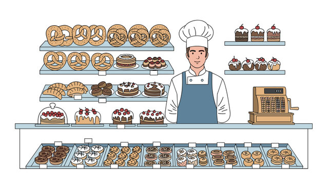 Male baker in a professional white uniform and hat stands behind a counter filled with various freshly baked breads, cakes, and pastries.