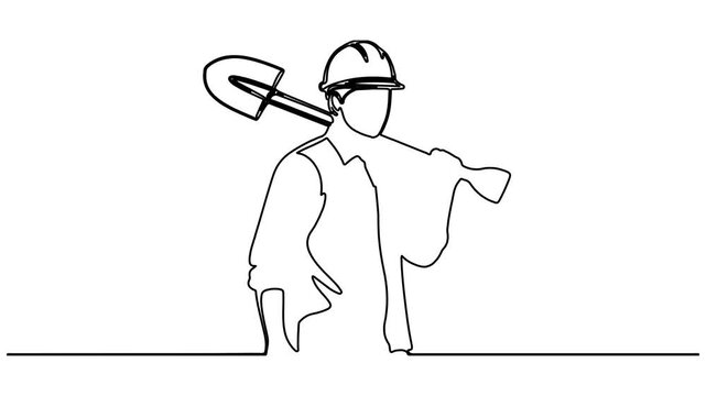 Continuous one line of a construction worker with helmet carrying shovel, symbolizing hard work and development, style hand drawing vector illustration.