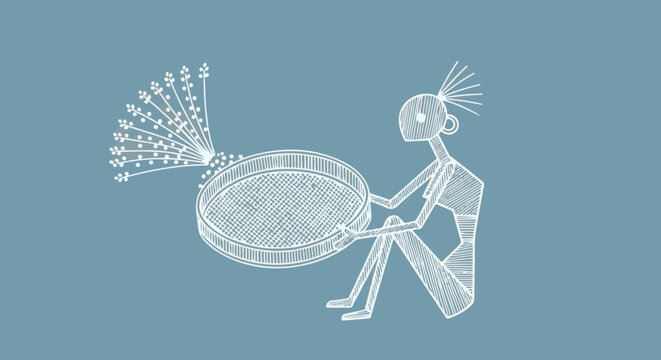 Warli folk art vector illustration, traditional Indian tribal painting of woman winnowing grain, ethnic cultural heritage artwork isolated PNG with Transparent Background