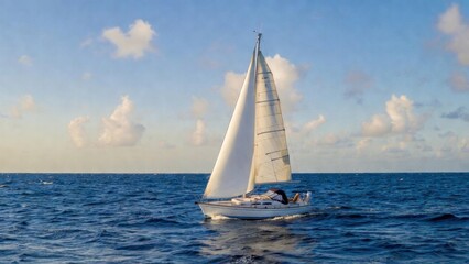 Obraz premium Small sailboat cruising on blue ocean under cloudy sky