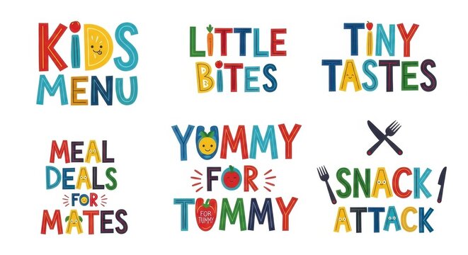 Colorful and Playful Kids Menu Design with Food and Snack Concepts.