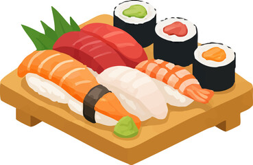 Sushi Set Japanese Food Illustration Fresh Nigiri and Rolls Vector © Lionian