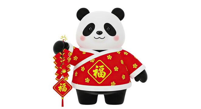 Cute Panda in Traditional Chinese New Year Outfit with Firecrackers