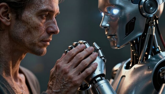 Man examining futuristic robotic hand in sci-fi laboratory with dramatic lighting