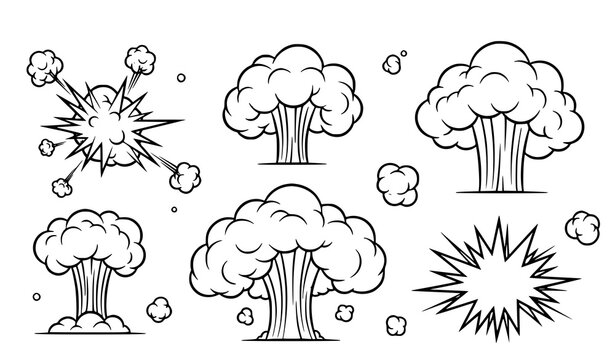Cartoon smoke burst and dust cloud vector set with comic style steam explosions and vapor puffs isolated on white