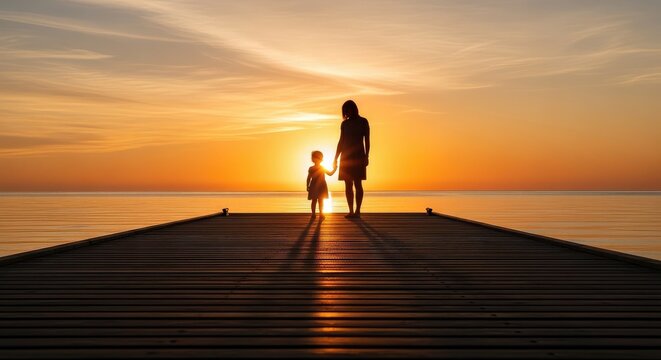 Silhouette of mother and child holding hands on pier at sunset mother's day background wallpaper poster banner download 2026 2027