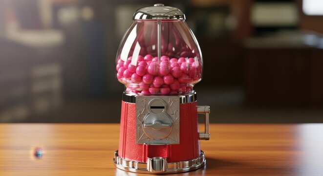 Vintage style gumball machine filled with pink gumballs on a wooden surface
